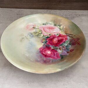 Vintage Elite Limoges France Hand Painted Signed Rose 12" Antique Round Platter
